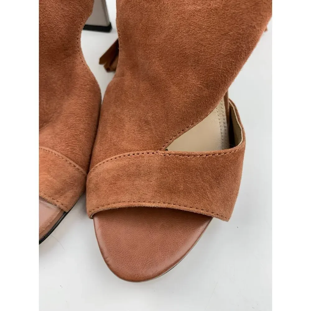 BCBGMaxAzria Brown Suede Heels Booties Open Toe Tassel Lace Up Women's 36 US 6